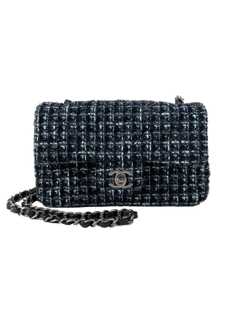 Chanel Shoulder Bag Mini Quilted Black Light Blue Glitter Chain Silver